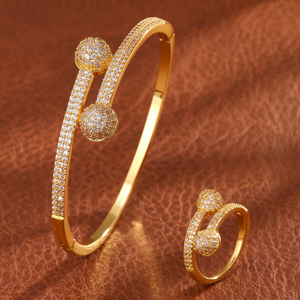 ZAKOL 9 Styles Golden Open Bracelet Ring Jewelry Set Geometric Shiny Zircon 18K Gold Plated Middle East Wedding Party Jewelry