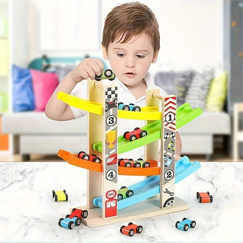 Children's Educational Track 4-Layer Wooden Gliding Car Coasting Racing Car Slide Racing Fun Track Car Educational Toy