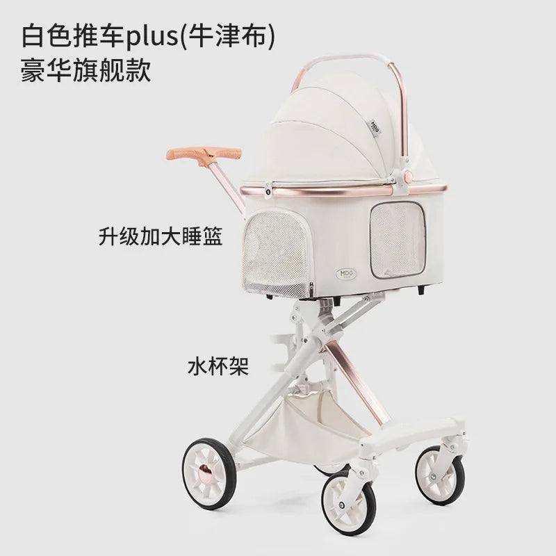 Lightweight White High View Pet Stroller One-click Foldable Cart for Small Medium Dogs Cats Outdoor Travel Pet Supplies Hot Sale