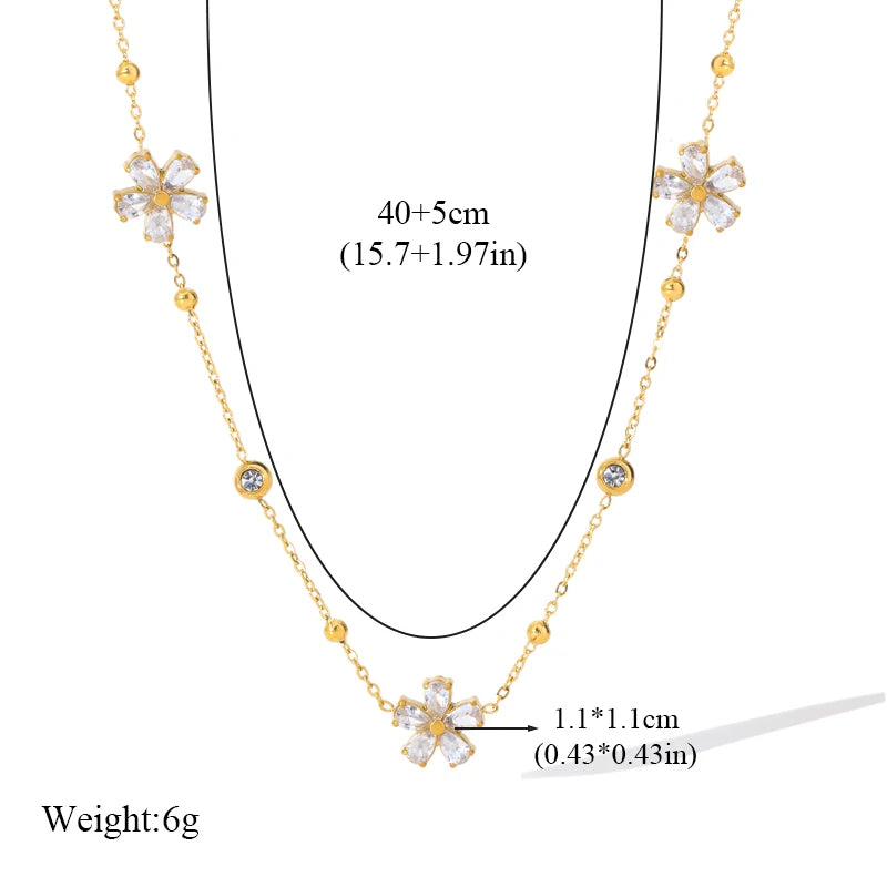 GANEMLY Stainless Steel  Sparkling White Zircon Flower Necklace Bracelet Earrings Set For Women Trendy Waterproof Jewelry Gift