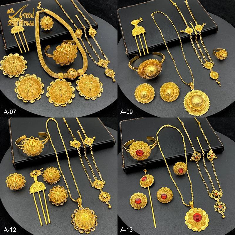ANIID Ethiopian Gold Color 6pcs Jewelry Sets For Women Dubai Flower Shape Nigerian Luxury Necklace Jewellery Set Wedding Gifts