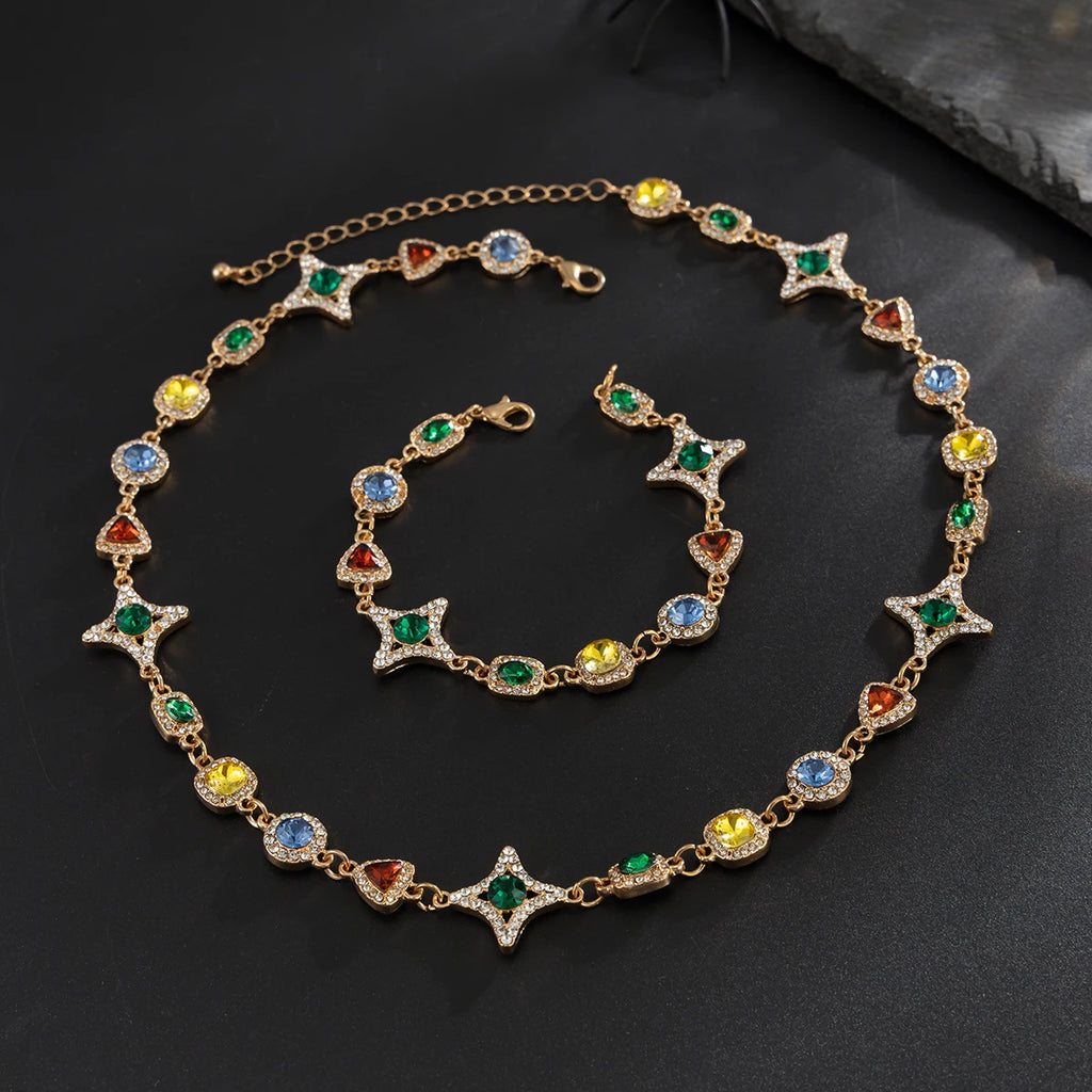 Ingemark Boho Luxury Colorful Crystal Chain Necklace Bracelet for Men Exquisite Creative Adjustable Link Couple Jewelry Set New