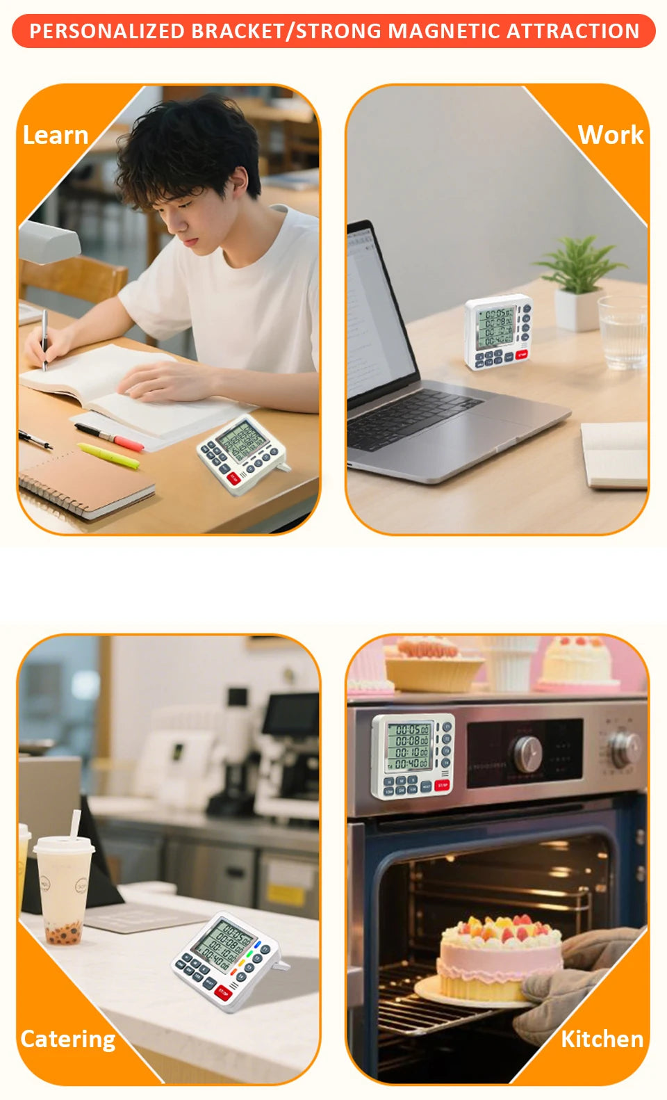 4 Channels Digital Timer Large LCD Display with Magnetic Back Stand Digital Cooking Countdown Timer Home Kitchen Accessories