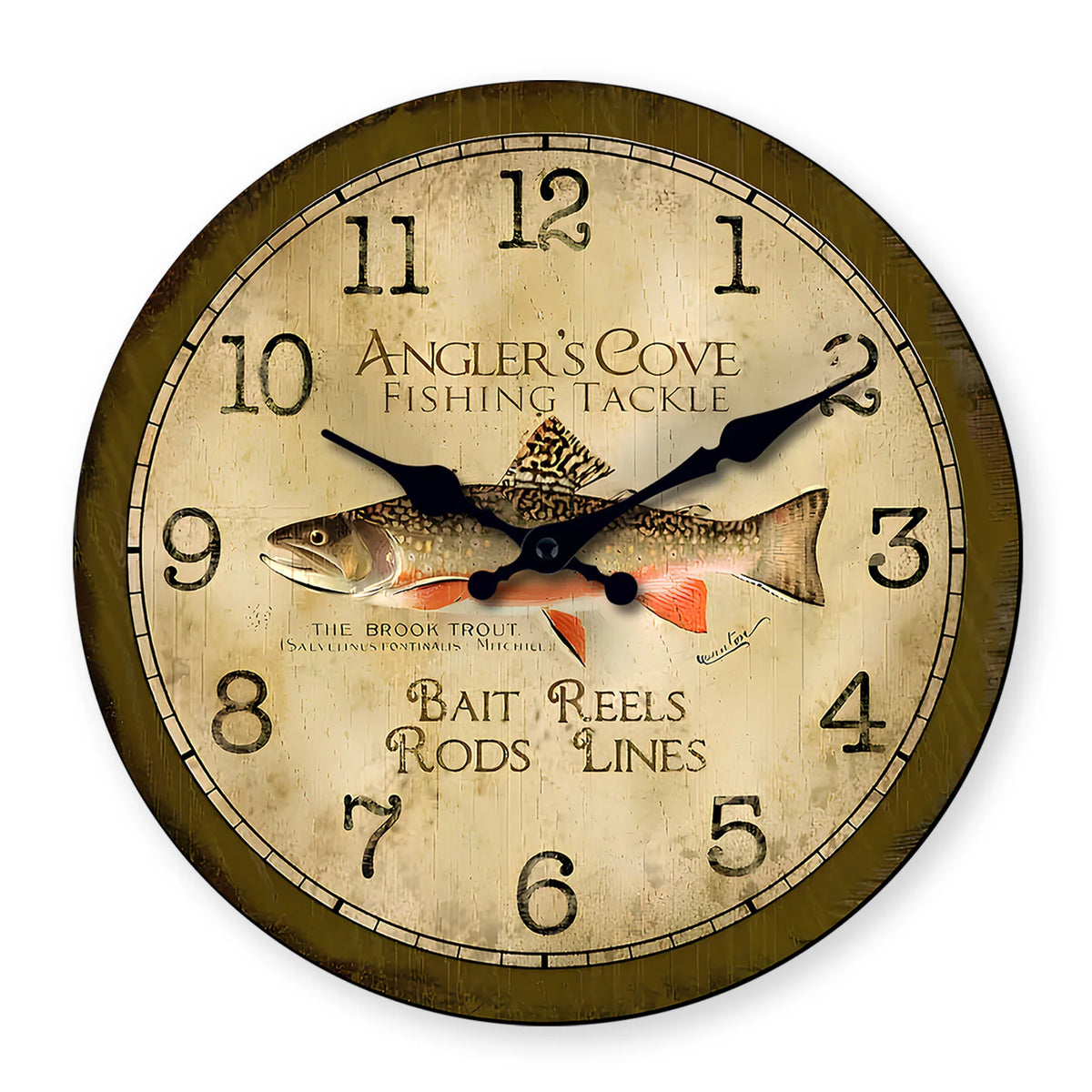 Vintage Trout Fishing Tackle Pattern Wooden Wall Clock Living Room Bedroom Kitchen Home Decor Silent Quartz Clock Holiday Gift 10-Inch 12-Inch 14inch 16inch (No Battery)
