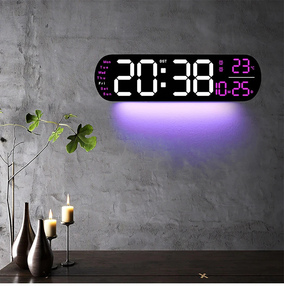 LED Digital Wall Clock With Remote Control Ambient Lights Time Date Temperature Display Alarm Clocks For Home Living Room Decor