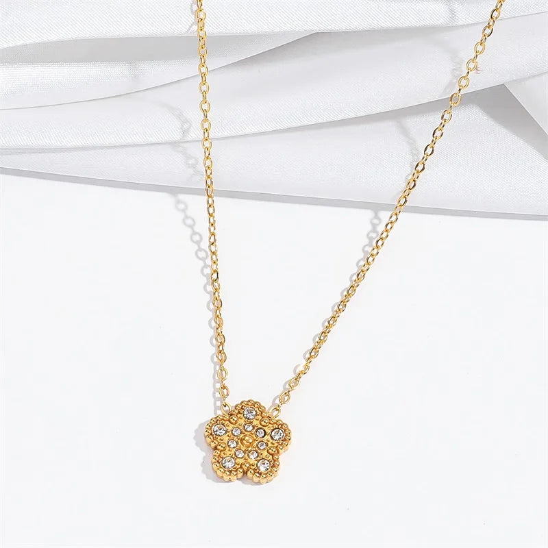 EILIECK New Fashion Stainless Steel White Zircon Clover Necklace Bracelet Earrings Set For Women Trendy Flower Jewelry Set Gift