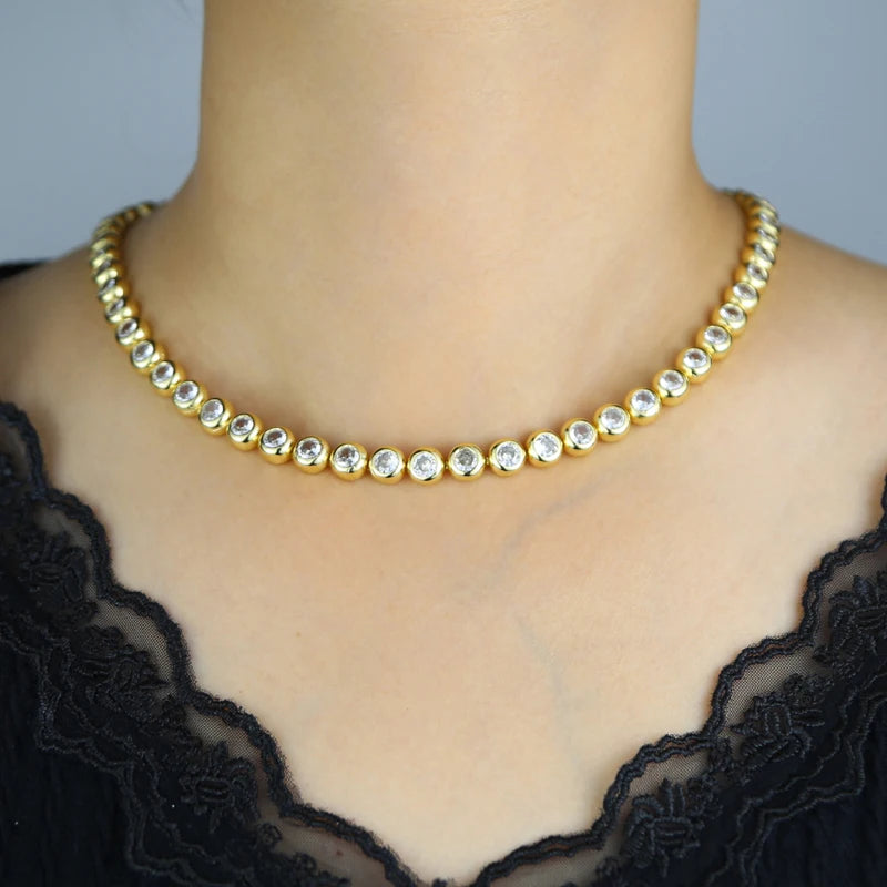 New Arrived Top Quality Fashion Women Female Jewelry Set Bezel 5A CZ Round Beaded Tennis Chain Bracelet Necklace