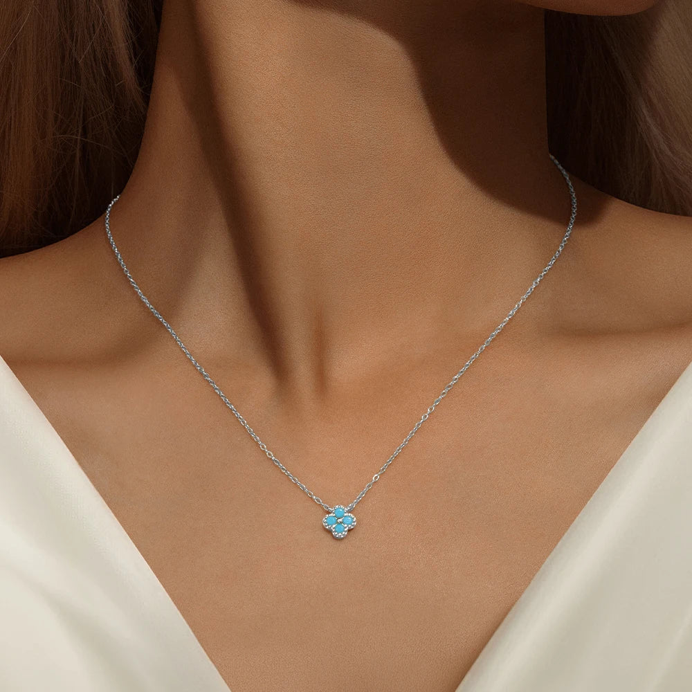 Aide Plata Real 925 Sterling Silver Lucky Lady Necklace European And American Four-leaf Clover Chain Necklace Turquoise Necklace