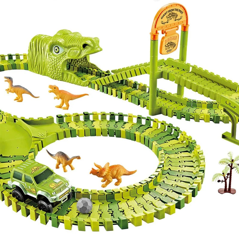 Dinosaur Themed Plastic Racing Track Set Bend Flexible Race Track with Electronic Car Educational Toys for Children