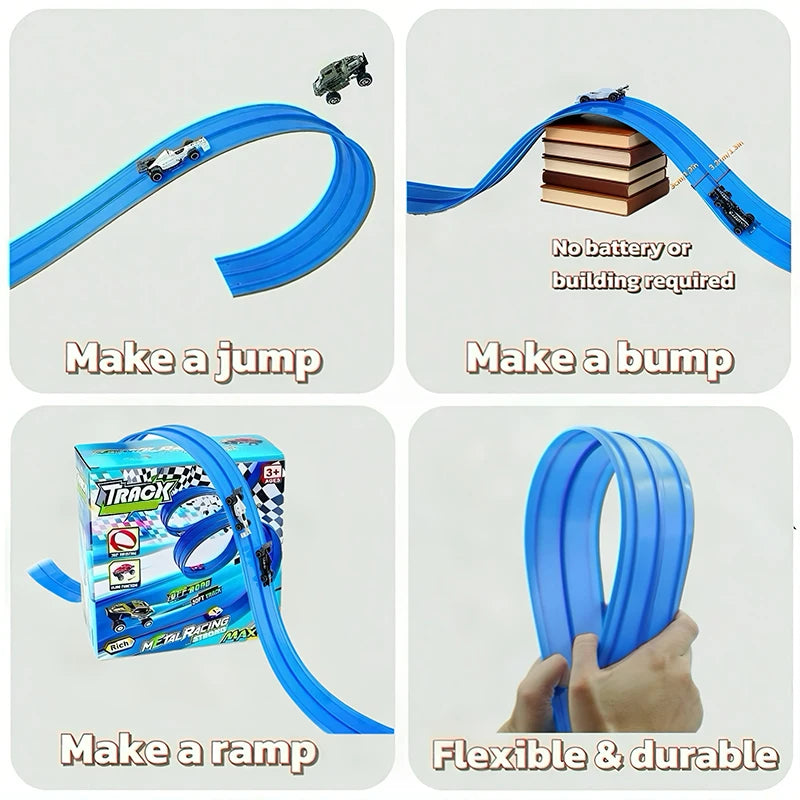 DIY Dual Flexible Track Car Racing Set with 498cm PVC Soft Race Track and 4 Sliding Cars Educational Toys Gift for Children Game