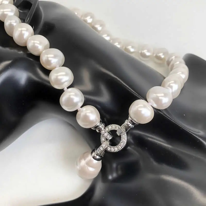 Luxury Style Cultured 12-15m White Potato Freshwater Pearl Necklace Cz Pave Shell Pearl Pendant Wedding