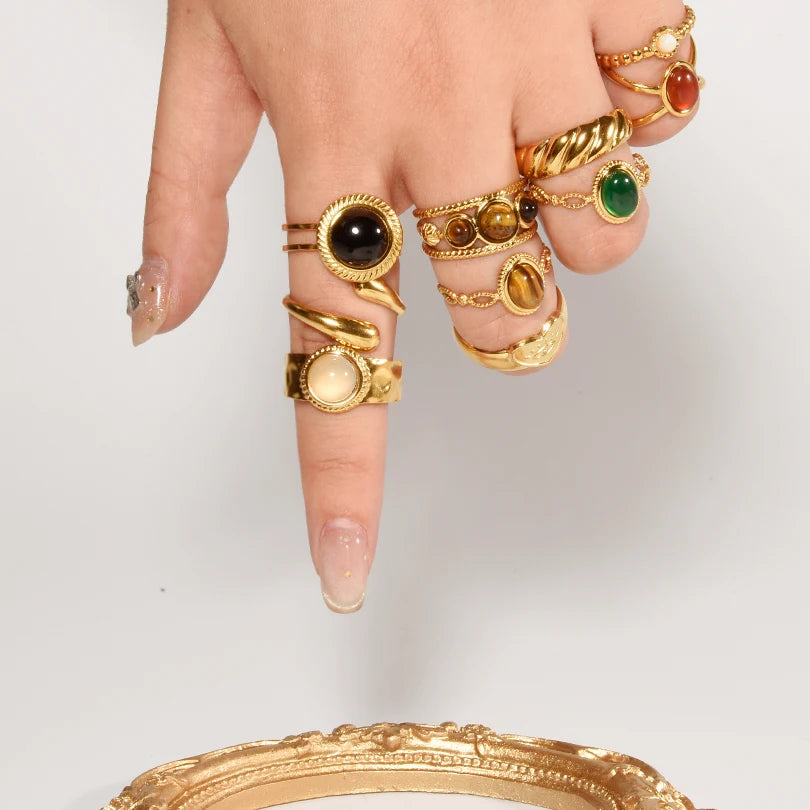 1pcs Classic Tiger Eye Real Stone Open Adjustable Stainless Steel Rings For Women Men Accessories Gold Color Finger Jewelry Ring