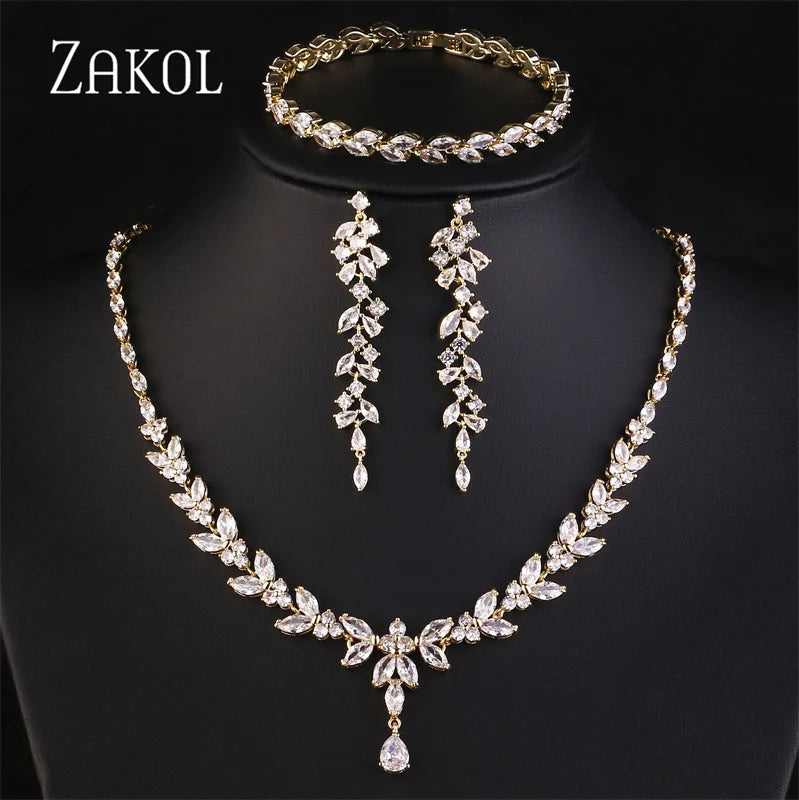 ZAKOL Luxury Brilliant Zirconia Leaf Necklace Earrings Rings Bracelets Set for Women CZ Drop Bridal Wedding Jewelry Sets New