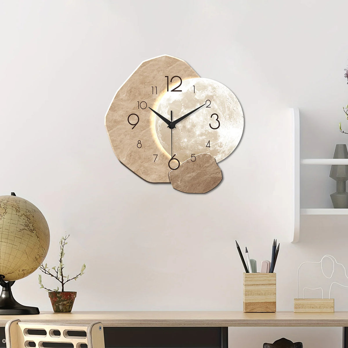 Modern Simple Silent Wall Clock, Moon Design - Quartz Movement, Wooden Material, for Bedroom, Living Room or Office Decoration