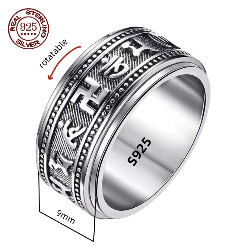 Rotatable S925 Sterling Silver Ring for Men  Vintage Retro Stars Auspicious Cloud Couple Band Women Index Finger Accessories