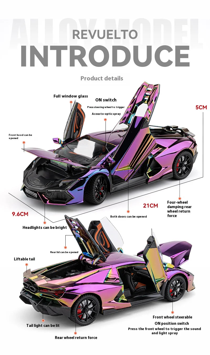 1:24 Lamborghini Revuelto Spray Plating Version With Water Spray, Fog Effect Realistic Simulation Alloy Model Boy Gift