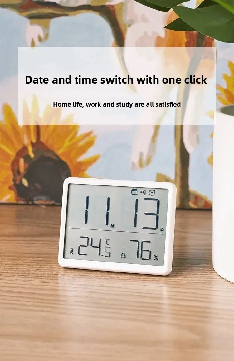 3-in-1 Smart Digital Clock - Temperature & Humidity Display + Alarm - Ultra-Thin Adhesive Mount for Wall or Tabletop Use