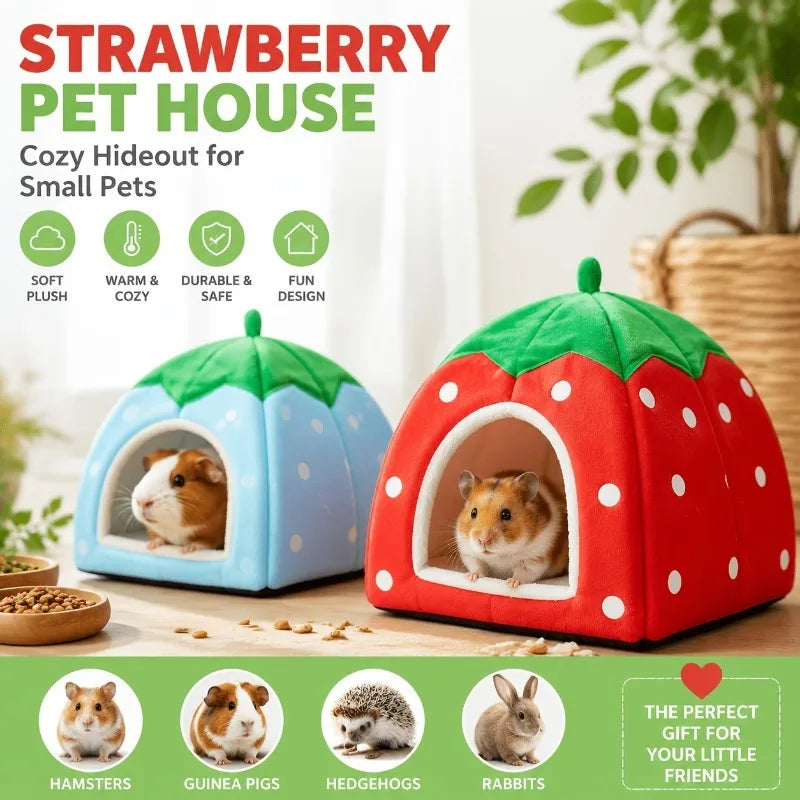 All-Season Removable and Washable Guinea Pig Rabbit Small Pet Warm Hideout VillaType Semi-Enclosed Strawberry Nest Small Pet Bed
