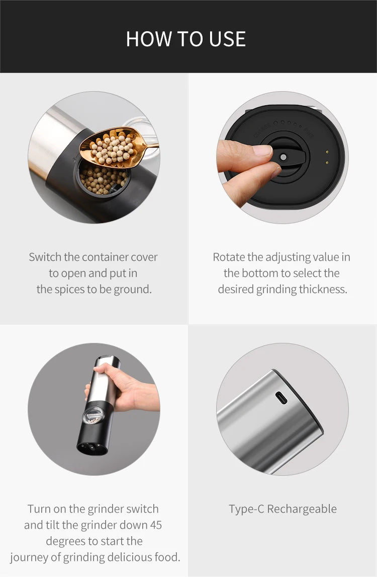 1/2pcs Automatic Pepper Grinder Salt And Pepper Grinder USB Rechargeable Adjustable Coarseness Spice Mill for Kitchen Tool