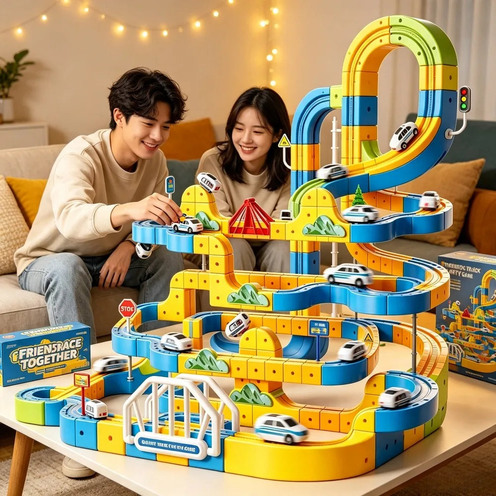 3D Building Track Car Set DIY Buildable Race Track Magnetic Lock Building Blocks, Family Interactive Educational Toy Gift