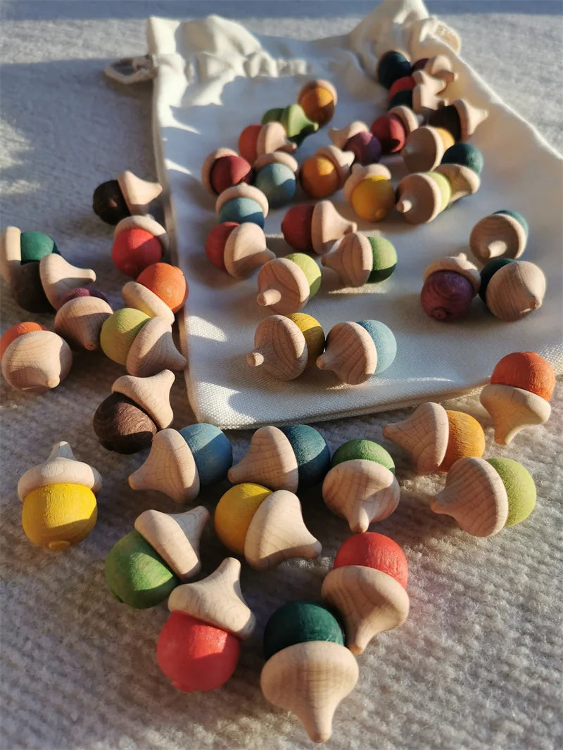 Rainbow Wooden  Blocks Loose Parts Toys Pastel Beech Acorns for Kids Open-end Play