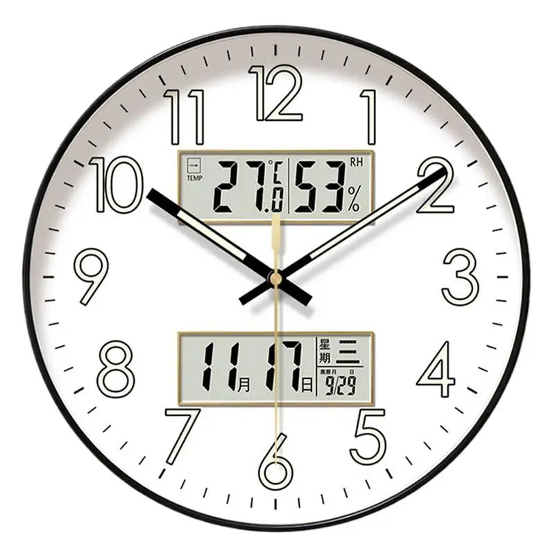 Non Ticking Wall Clock Round Wall Clock Glow In Dark Home Decor Featuring Calendar 10/12/14 Inch Large Digital Display Night