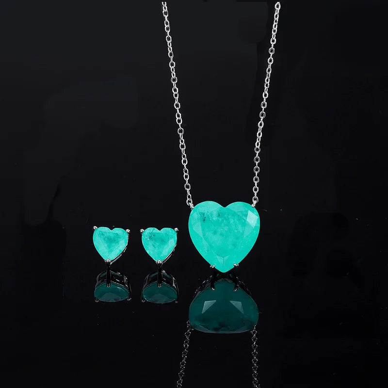 925 Sterling Silver Paraiba Emerald Simple Heart Necklace Earrings for Women Girls Vintage Tourmaline Gemstone Part Jewelry Set
