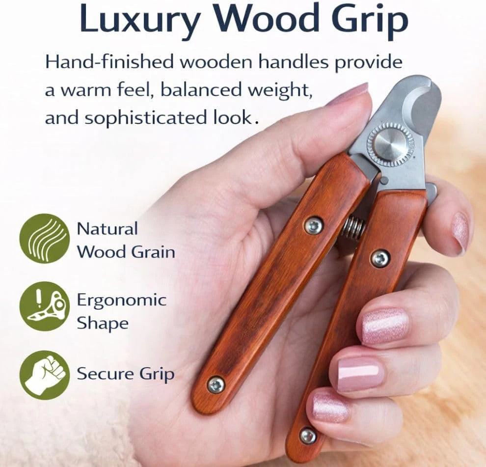 Wood Handle Pet Nail Clippers for Dogs & Cats Razor Sharp Stainless Steel Blades Ergonomic Wooden Grip Trimmer with Safety Stop