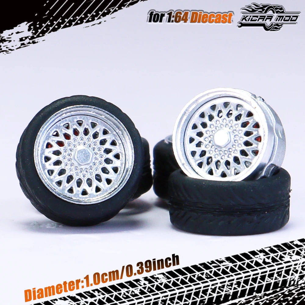 Kicarmod 1/64 Model Car ABS Wheels with Rubber Tire Brake Disc Metal Rims Diameter 10mm Refitting Parts For Model Car