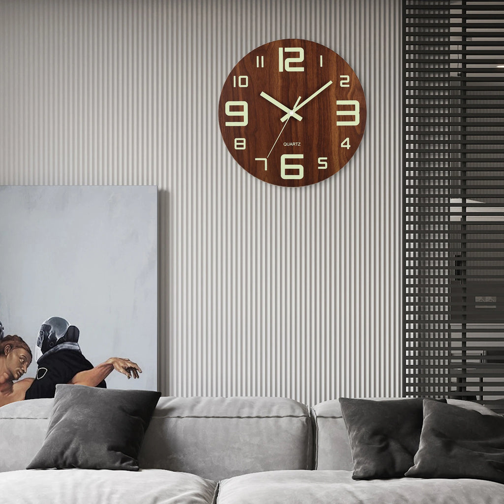 12 Inch Luminous Wall Clock Wood Silent Light in Dark Night Nordic Fashion Wall Clock Non Ticking Clock With Night Light
