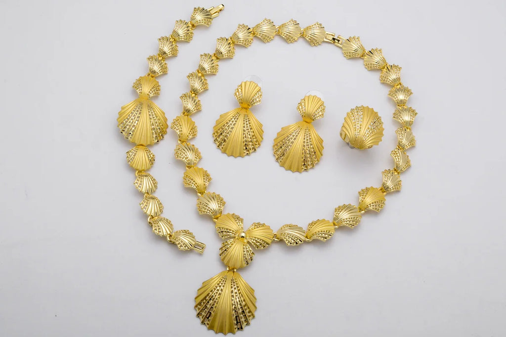 Sunny Jewelry Set Costume Shell Earrings Necklace Bracelet Ring Simple Design Gold Plated For Women Bridal Wedding Party