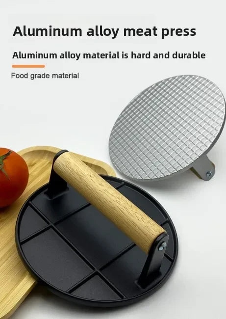 Cast Iron Burger Press Outdoor Non Stick Aluminum Alloy Rotundity Hand Meat Burger Press with Wooden Handle for Home Kitchen BBQ