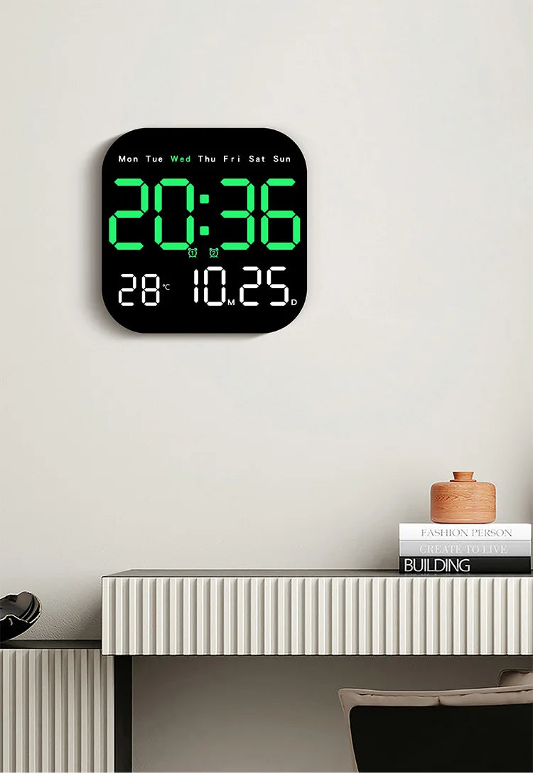 Digital Wall Clocks Temperature Date Week Dispaly Electronic Table Clock 12/24H Wall-mounted LED Alarm Clock Remote Control