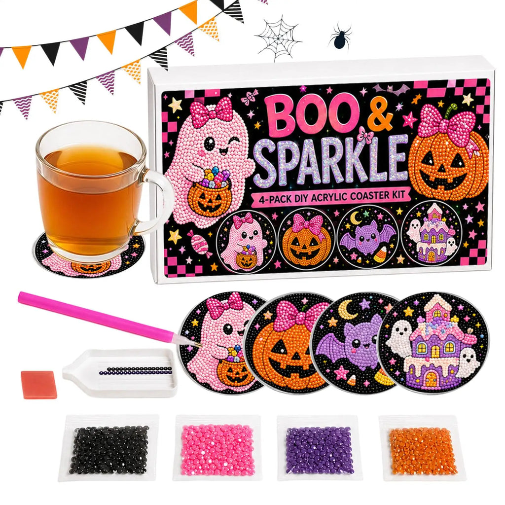 Halloween Pearl Painting Bead Kit DIY Ghost Witch Non-Slip Coaster Making Pearl Art Craft For Adults Beginners Party Holiday