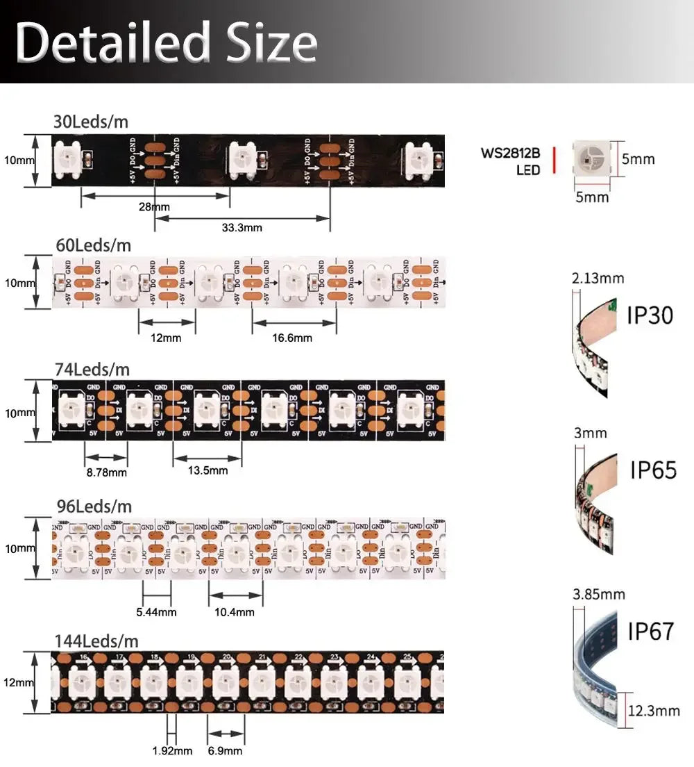 DC5V WS2812B Led Strip Light 30/60/74/96/144 LEDs/m Individually Addressable Smart 5050 RGB WS2812 Pixels Led Light IP30/65/67