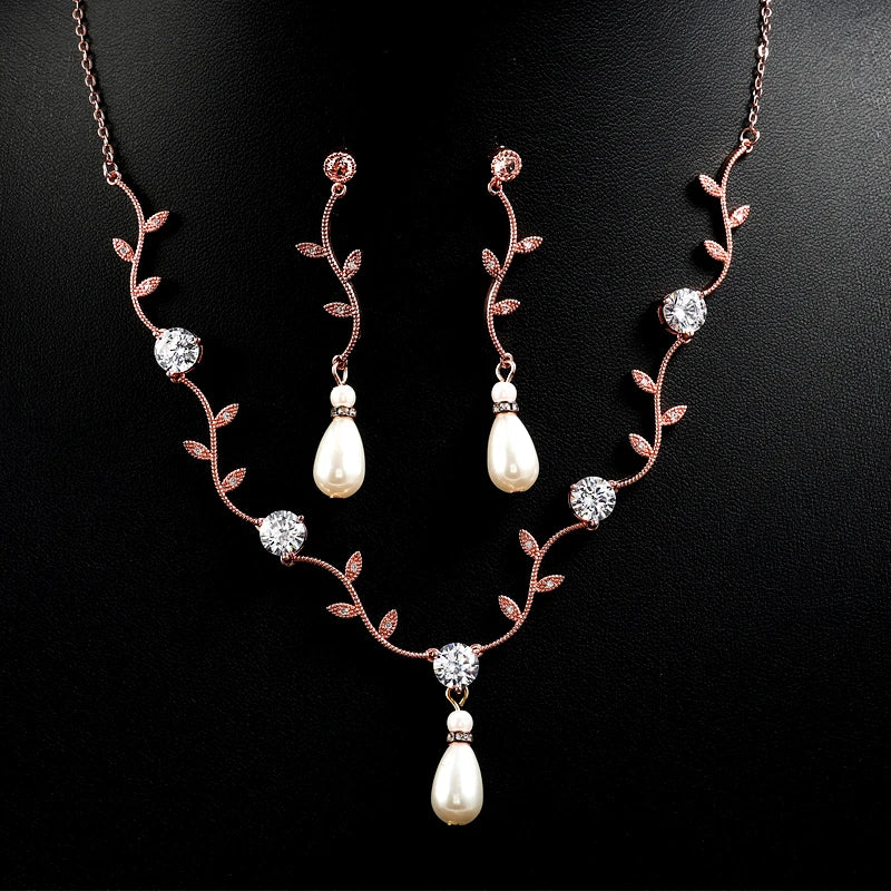 ZAKOL Classic White Rose Gold Color Cubic Zirconia  Bridal Jewelry Sets Leaf Shape Choker Earrings Wedding Dress for Women