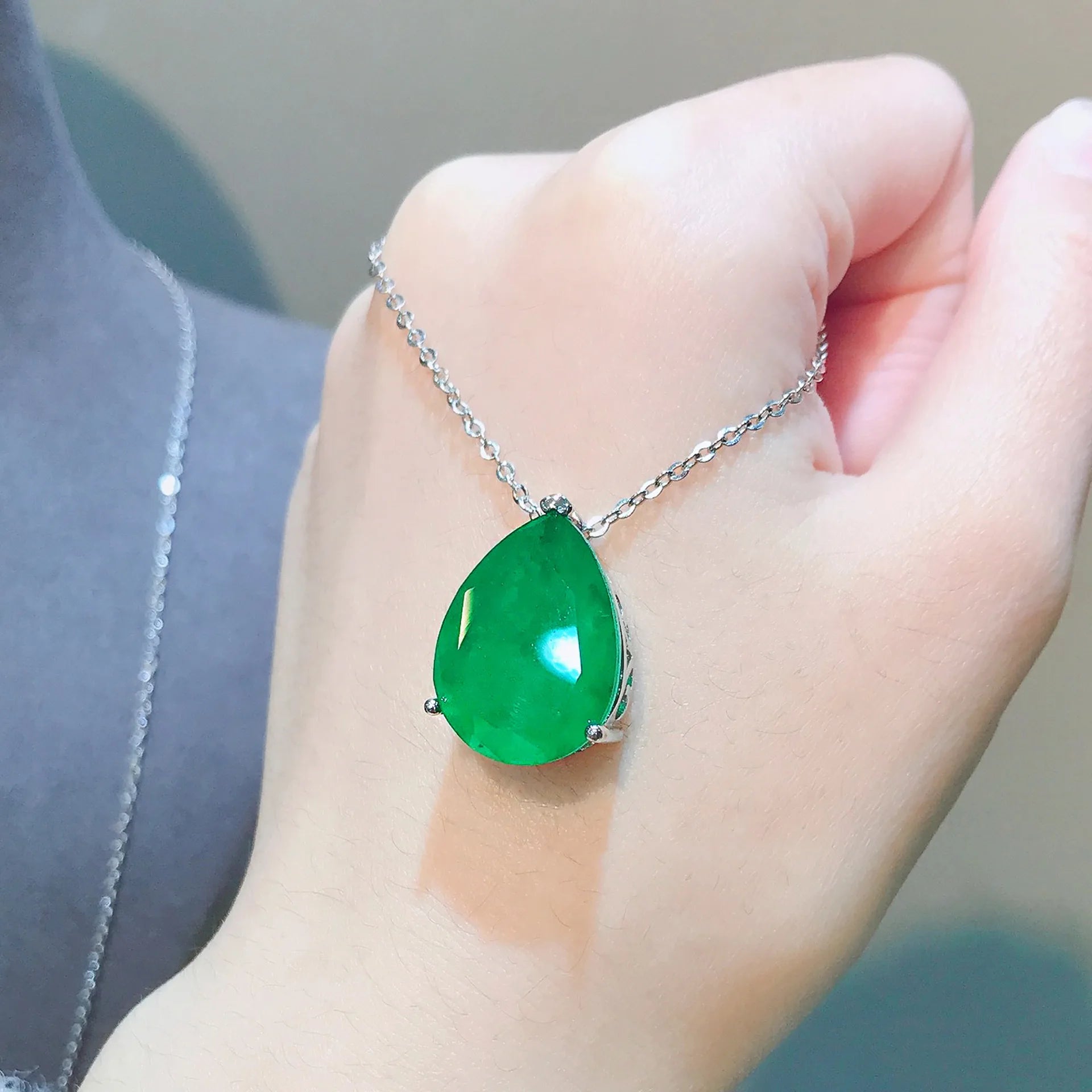 Silver Water-drop Shape Paraiba Tourmaline Gemstone Earrings Necklace Set for Women Temperament Ladies Trendy Vintage Jewelry