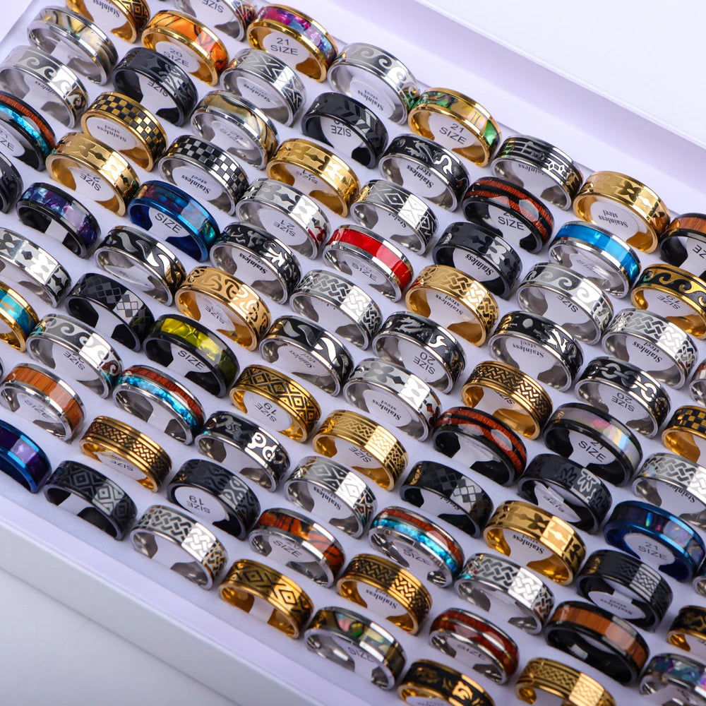 10/20/30/50Pcs/Lot Stainless Steel Fashion Ring Wood Grain Ring Men's Wedding Ring Women's Party Mixed Style Random Style