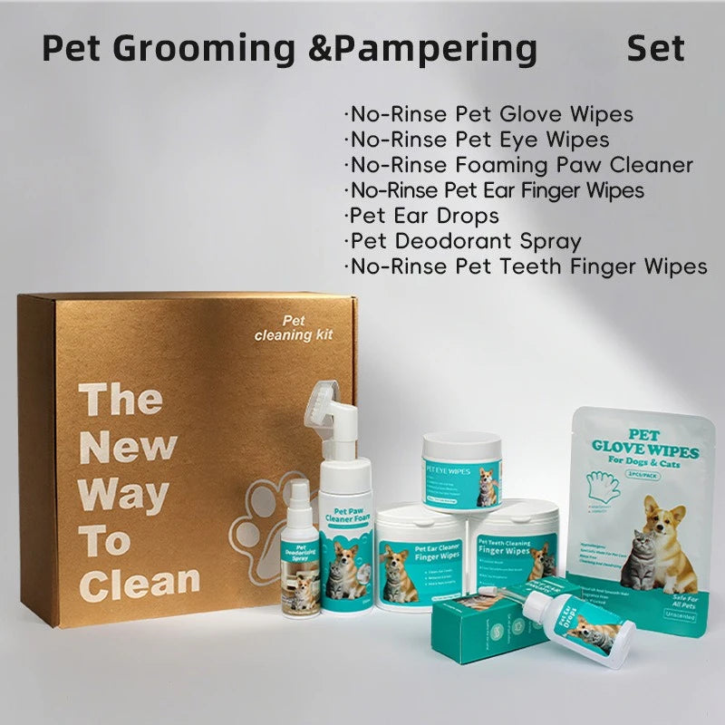 Pet Cleaning Kit for Dogs Cats No Rinse Wipes Set Eye Ear Teeth Paw Cleaner Deodorant Spray Drops All in One Pet Care Supplies