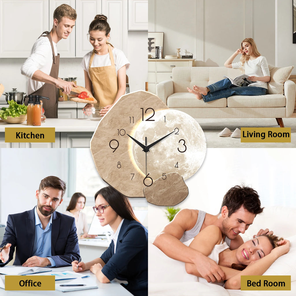Modern Simple Silent Wall Clock, Moon Design - Quartz Movement, Wooden Material, for Bedroom, Living Room or Office Decoration