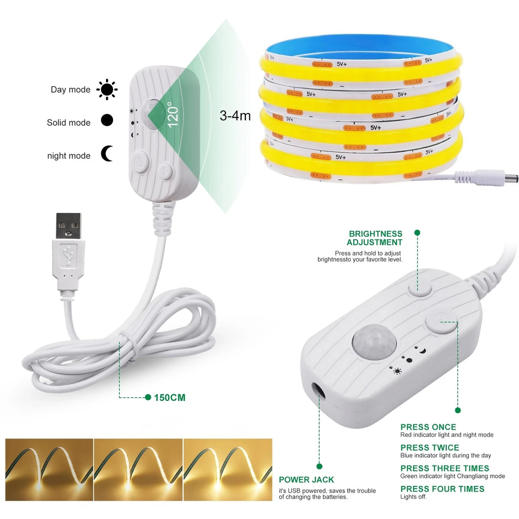 8MM COB LED Strip Light 5V 320LEDs/M Motion Sensor Dimmable Flexible LED Tape Ribbon USB/Battery Powered DIY Backlight for Room
