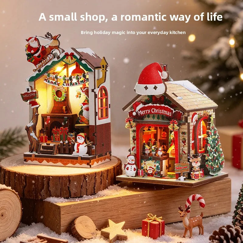 DIY Wooden Dollhouse Kit Warm Christmas Halloween Lodge Cabin with Furniture LED Lights 3D Assembly Magnetic Fridge Sticker