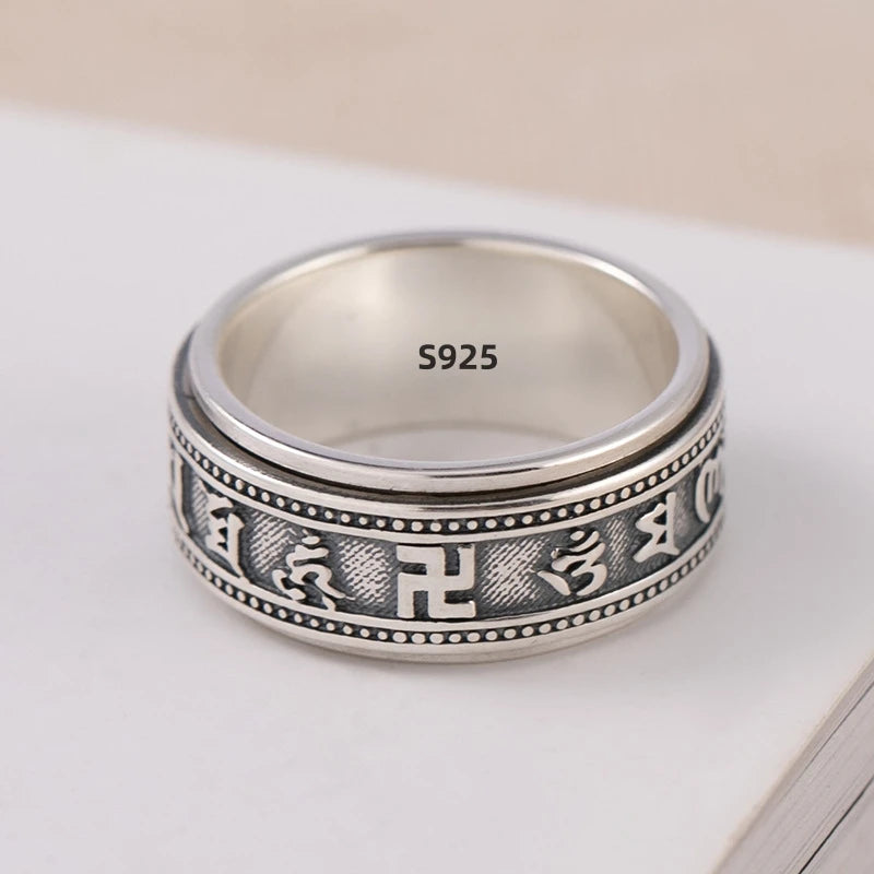 S925 Sterling Silver Ring Men Women Retro Buddhist Six-Character Great Mantra Ring Male Female Amulet Jewelry Exquisite Gift