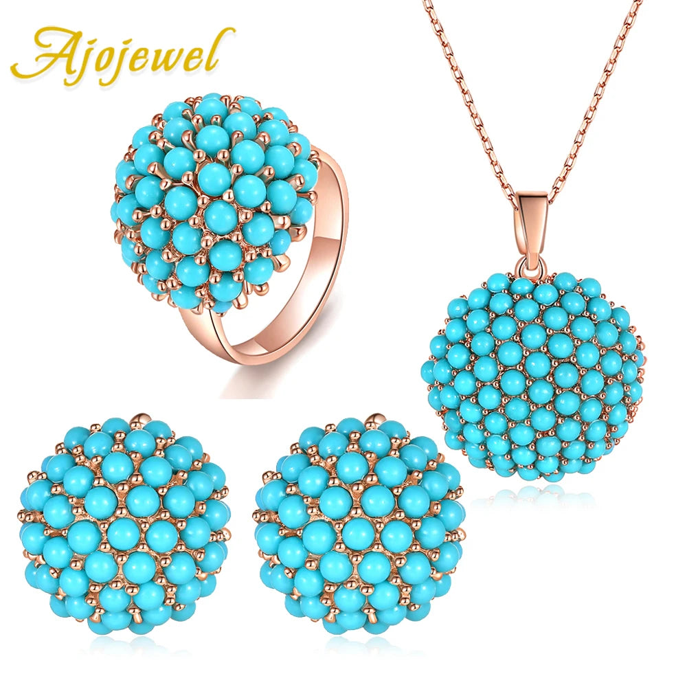 Ajojewel New Blue Hydrangea Flower Jewelry Sets For Women Ladies Beautiful Resin Earrings Pendant Necklace Ring Size 7,8,9