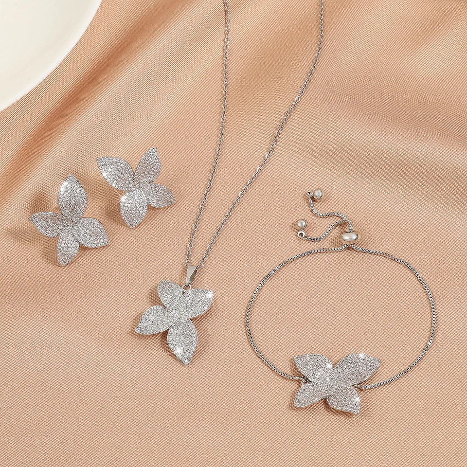 ZAKOL Luxury Micro Pave Setting Cubic Zirconia Leaf Earrings Ring Bracelet Necklace Gorgeous Dubai Jewelry Set For Dinner Party