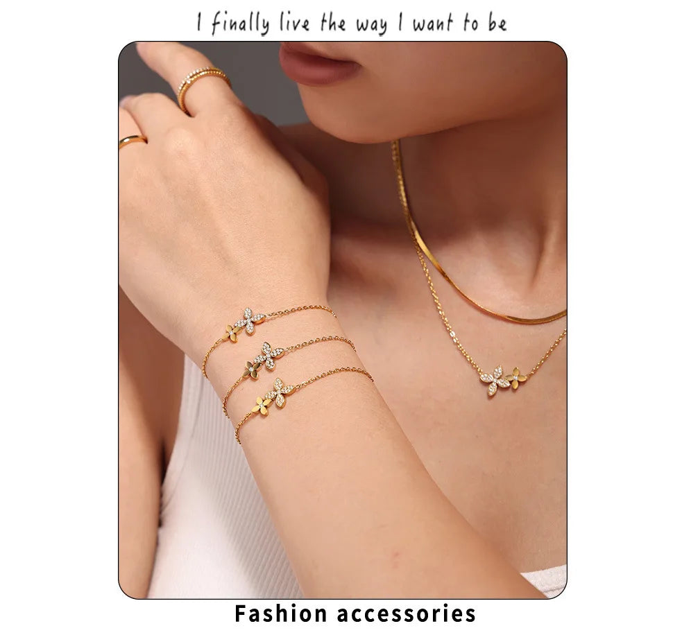 Necklace Bracelet For Women Stainless Steel Zircon Waterproof 4 Petals Flower Pendant Waterproof Chain Charm Jewelry Gift