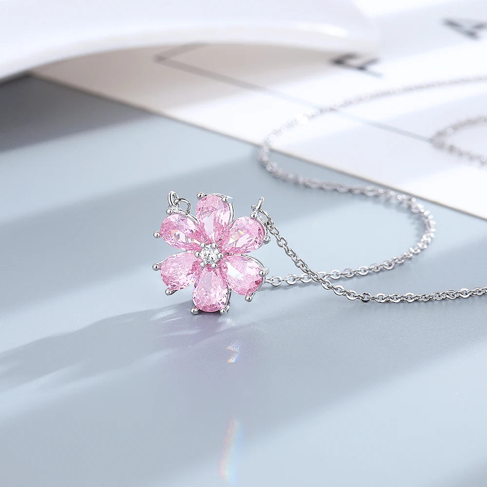 Fashion Wedding Ring for Women Pink Zircon Crystal Flower Pendant Bracelets Earrings Necklace Rings Fine Jewelry Sets FCGJHW