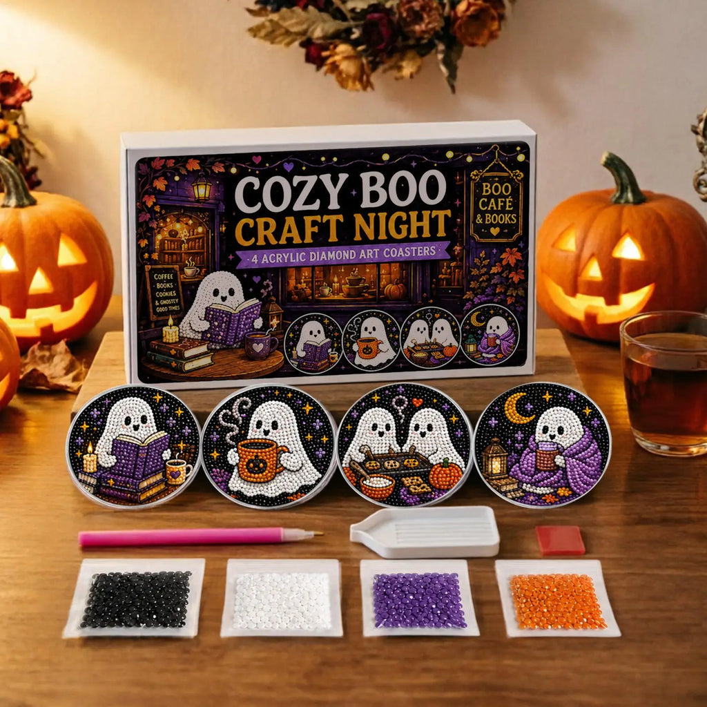 Halloween Pearl Painting Bead Kit DIY Spooky Ghost Witch Acrylic Non-Slip Coaster Making Pearl Art Craft Set for Adults Beginner