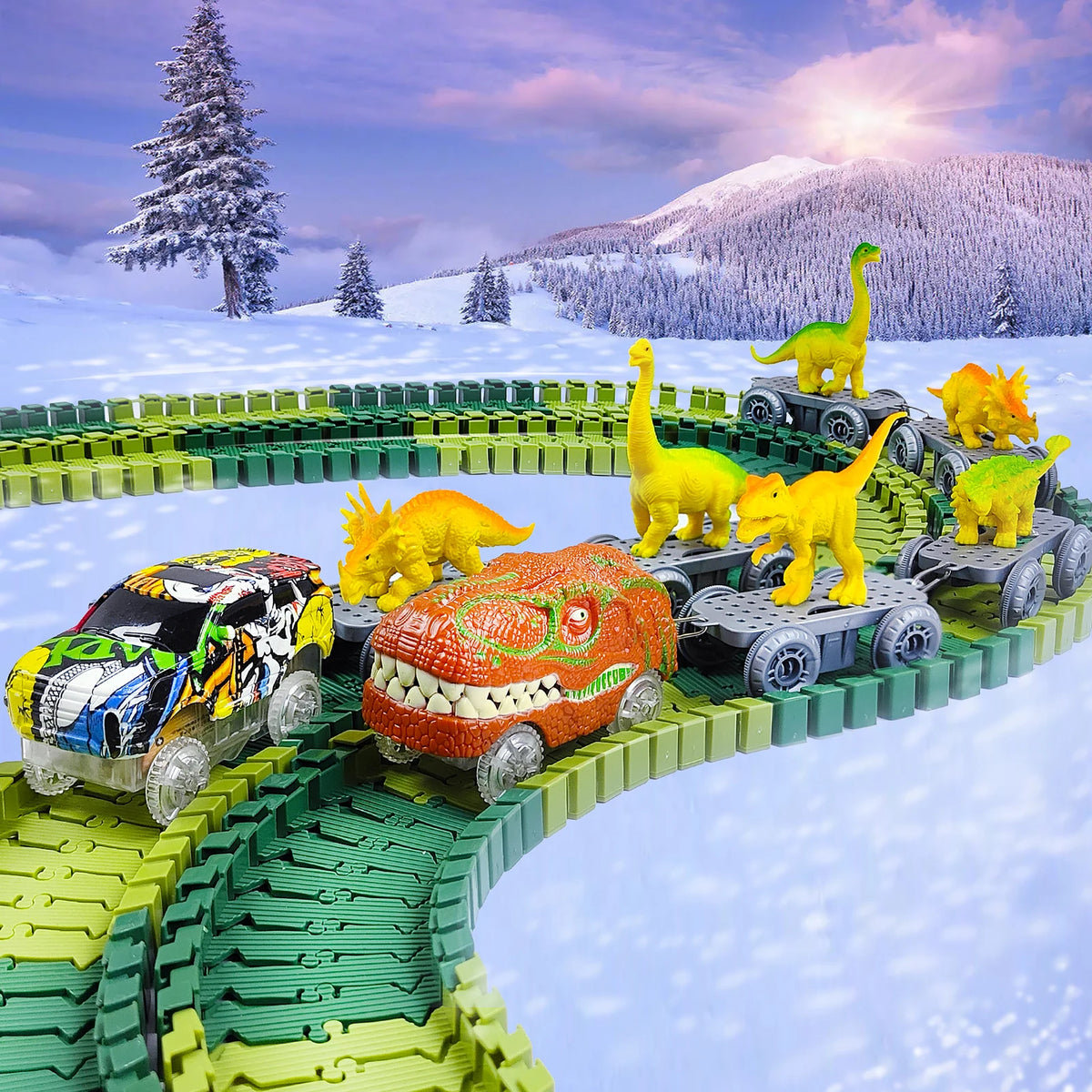 Dinosaur Toys-Magical Train Track Racing Toy Bend Flexible Race Track Flash Light Car Educational Toys For Kids Gift