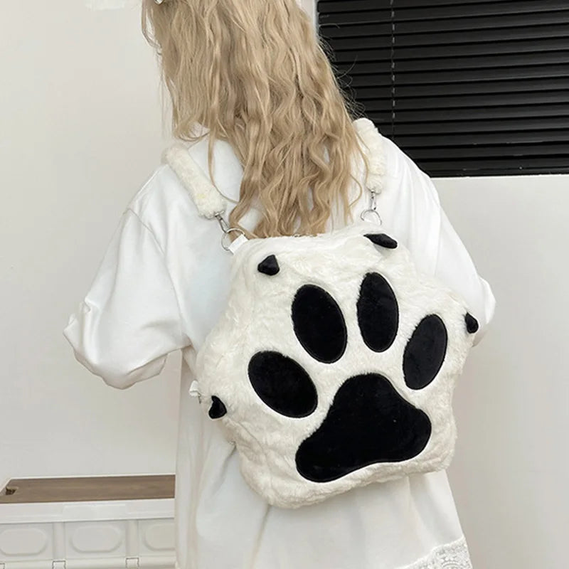 Kawaii White Puppy Cat Paw Plush Backpack Adjustable Straps Funny Dog Big Capacity Soft Stuffed Animals Bags for Girls Women
